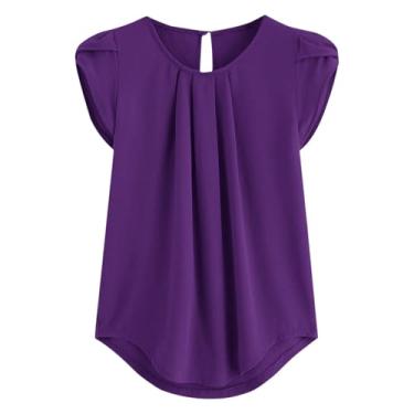 Imagem de Generic Camisetas femininas de manga curta pétala verão outono gola redonda chiffon recorte franzido camiseta feminina 2024, L-571 Roxo, PP