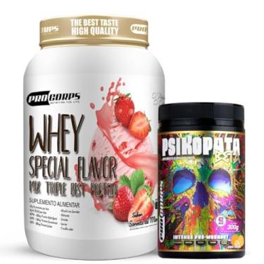 Imagem de Whey Protein 840g - 21g Proteína - Zero Açúcar + Pré Treino Psikopata Beta Tangerina 300g - Pro Corps (840g, Sorvete de Morango)