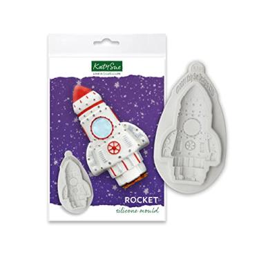 Imagem de Katy Sue Molde de silicone Space Rocket para decoração de bolos e artesanato. O foguete tem 9 x 6 x 0,7 cm. Para fondant, pasta de goma, pasta de açúcar e argila. Moldes de fondant espacial da Katy