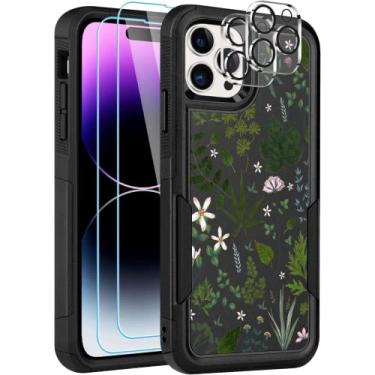 Imagem de LOQUPE [Capa 5 em 1 para iPhone 14 Pro Max, com 2 protetores de tela + 2 protetores de lente de câmera, capa protetora resistente e resistente, leve, fina à prova de choque para mulheres, padrão de plantas