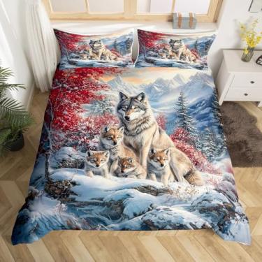 Imagem de Capa de edredom de família lobo, estampa de lobos animais, conjunto de cama macia, capa de edredom de vida selvagem de inverno 3 peças (sem edredom), capa de colcha de paisagem natural aquarela, 2