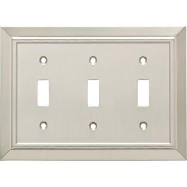 Imagem de Franklin Brass Arquitetura clássica (pacote com 1) Capa decorativa para interruptor de luz, placas de parede de níquel escovado, placa de parede com 3 faixas, proteção de tomada elétrica W35225-SN-C