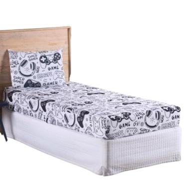 Imagem de Jogo Lençol Roupa Cama Fronha Elastico Solteiro 2 Pçs Quarto Infantil Criança Menino Game Branco