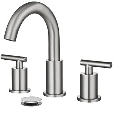 Imagem de gotonovo Torneira de banheiro ampla de 20 cm, 3 orifícios, 2 alças, montagem no deck, lavatório, pia do banheiro, torneira de níquel escovado com válvulas misturadoras quentes e frias com ralo pop-up