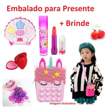 Imagem de Kit Maquiagem Infantil Bolsinha Unicórnio Make Embalado pra Presente Menina Princesa Batom + Presente Surpresa