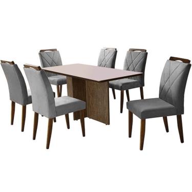 Imagem de Mesa de Jantar Los Angeles 160x80cm em Veludo com 6 Cadeiras California Minas Plac Cor Canela Off White com Tecido Cinza