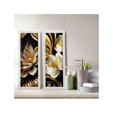 Imagem de Kit 2 Quadros Decorativos Banheiro Lavabo Floral Preto Branco e Dourad