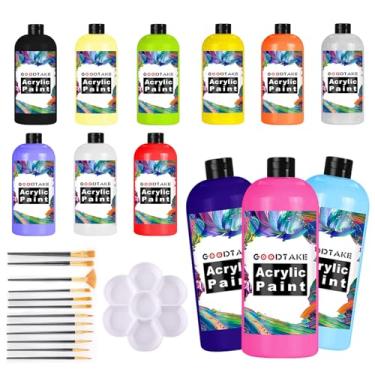 Imagem de GOODTAKE Conjunto de tinta acrílica de 12 cores com 10 pincéis e paleta - 207 ml/frasco de tinta acrílica - Kit de pintura de artistas para tecido de tela, couro de rocha, ovo de Páscoa, madeira,