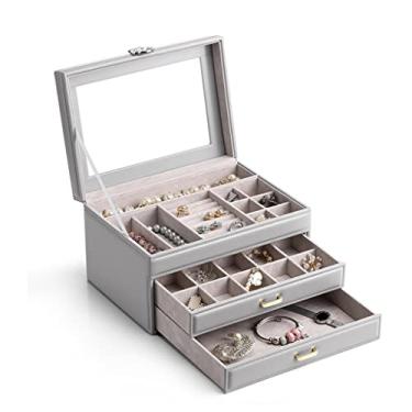 Imagem de Divisória de couro tipo gaveta multicamadas requintados brincos acessórios de cabelo colar caixa de armazenamento de grande capacidade (cor: D, tamanho: 25,56 x 15,2 cm) (D 25,6 x 15,2 cm)