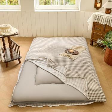Imagem de Capa de futon para colchão japonês caramelo guingão para colchão de 7,6 a 10 cm de espessura, capa de colchão xadrez de tatame japonês xadrez acinzentado, tapete de dormir quadriculado para o chão