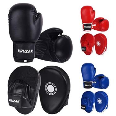 Imagem de Kruzak Conjunto de luvas de boxe e luvas de foco simples para Kickboxing e Muay Thai MMA Training – Kit de fitness com almofadas de perfuração para artes marciais e karatê (preto, 396 g)