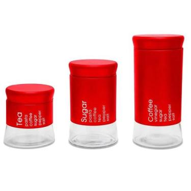 Imagem de Conjunto Porta Mantimentos com 3 Potes Will em Inox e Vidro Vermelho -