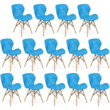 Imagem de Kit 14 Cadeiras de Jantar Charles Eames Slim Wood Estofada - Azul - Ma