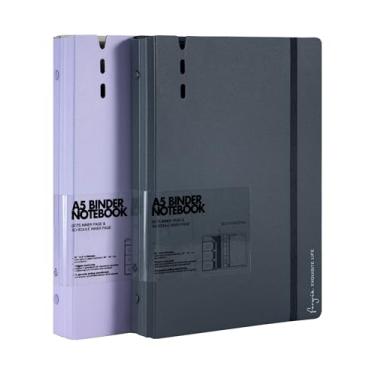 Imagem de CAGIE Caderno A5 fichário com 6 anéis com divisórias, fichário recarregável com bolsos, papel refil inclui páginas pautadas quadradas e pontilhadas, 17,5 x 23,5 cm, (cinza e roxo, A5 diário e página