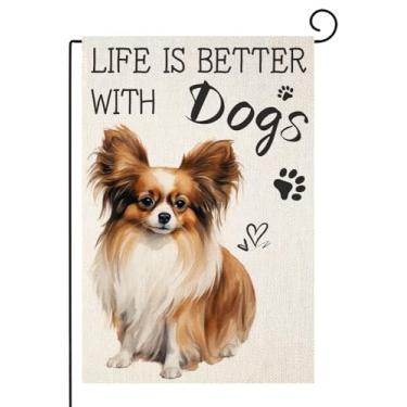 Imagem de TopPacific Life is Better With Dogs Papillon Bandeira de jardim 30,5 x 45,7 cm, dupla face externa, pet farmhouse, quintal, decoração ao ar livre (6017)