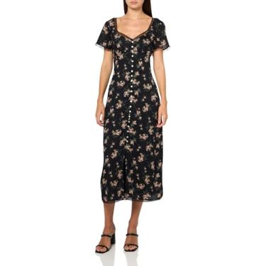 Imagem de Lucky Brand Vestido midi feminino de manga curta com acabamento em renda, Floral preto, G