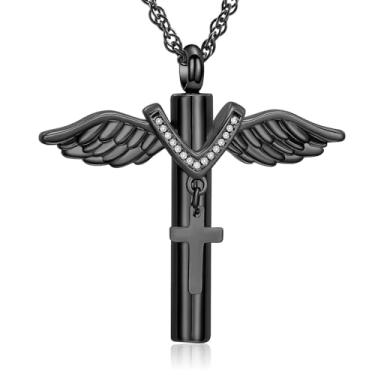 Imagem de shajwo Joias de cremação, colar de urna com cruz de asa de anjo para cinzas para mulheres e homens, pingente de cinzas humanas, Aço inoxidável, Sem Pedra Preciosa