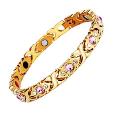 Imagem de Pulseira Magnética Ouro 18k Pedras Zircônia Equilíbrio Unissex Bracelete