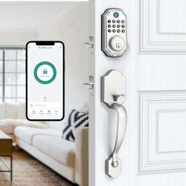 Imagem de LOCK&SOLVER Fechadura de porta de teclado com alça, fechaduras inteligentes para porta da frente, fechadura de entrada sem chave, trava de fechadura com conjunto de alças, controle remoto de