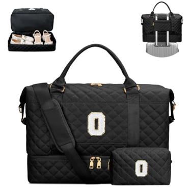 Imagem de CLOUDWINGS Presentes para mulheres, bolsa de viagem com inicial acolchoada, para fim de semana, para pernoite, com bolsa de cosméticos, bolsa de ginástica com compartimento de sapatos, bolsa