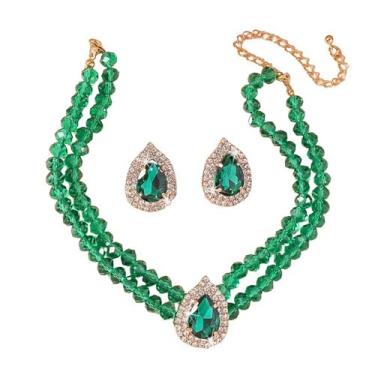 Imagem de Dtja Conjunto de colar e brinco de gargantilha de cristal em forma de gota com 2 peças, joia de declaração para mulheres, brincos de zircônia cúbica para fantasia de baile de casamento, 38 cm, 5 cores