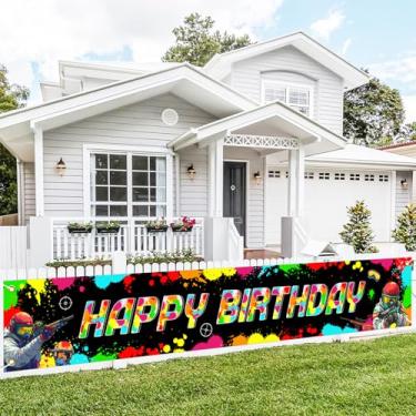 Imagem de Funmemoir Decorações de festa de aniversário de paintball - Banner de jardim de feliz aniversário 299,7 cm x 50,8 cm, placa de jarda com respingos de tinta para ambientes internos e externos