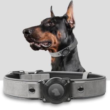 Imagem de Coleira AirTag para cães – Coleira de couro para cães com suporte para etiqueta de ar | IPX8 impermeável, refletiva, de ponta alta, acolchoada macia ajustável | Coleiras rastreadoras GPS para cães de