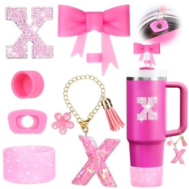 Imagem de Mity rain 6 peças de acessórios de copo rosa para Stanley Cup 850 g 1,134 g - Decoração de iniciais de copo para Stanley, incluindo tampa e bota de palha de silicone, tampa à prova de derramamento