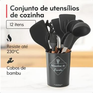 Imagem de Conjunto Talheres 12 Peças Silicone Cabo Madeira Chegando Hoje Preto -