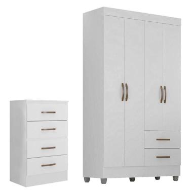 Imagem de Kit Guarda-roupa Solteiro 4 Portas E Cômoda 4 Gavetas Lisa Branco