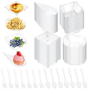Imagem de YQQYG 200 peças de mini pratos de aperitivo com colheres, garfos, pratos de sobremesa de plástico transparente pequeno prato de aperitivo descartável para salgadinhos de molho de sobremesa, para festa