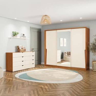 Imagem de Conjunto Cômoda 8 Gavetas e Guarda-Roupa com Espelho e 3 Portas  Porto Creme/Freijó