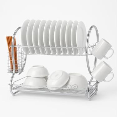 Imagem de Escorredor de Louça 2 Andares em Inox Cromado, Suporte para Pratos, Copos e Talheres com Bandeja Coletora