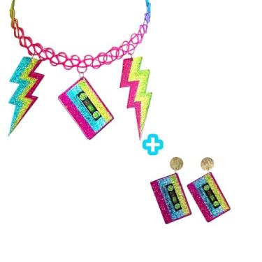 Imagem de Hupplle Acessórios femininos dos anos 80, 90, colar de acrílico neon retrô com cassete relâmpago, pingente de rádio, joia colorida para festa temática dos anos 80, standard, Acrílico, Sem Pedra
