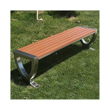 Imagem de ZzleoyuUUs-12 Banco de jardim ao ar livre, pernas cruzadas, moldura de aço inoxidável, placa de assento de madeira, banco externo, pátio, banco (médio)