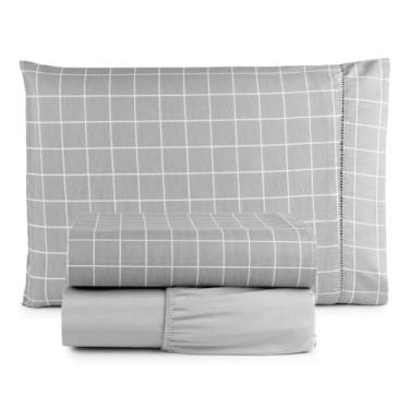 Imagem de LençOl Casal Com Elastico Conjunto De Roupa De Cama,Jogo De LençOl 100% AlgodãO Ponto Palito Estampado 1.98 * 1.58cm (GRID CINZA)