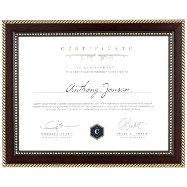 Imagem de FLYJOE Moldura de diploma de 21 x 28 cm para grau de certificado de 21 x 28 cm com moldura de vidro temperado HD para exibição de graus, mogno (tiras douradas pretas)