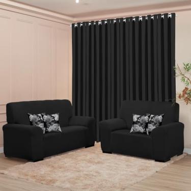 Imagem de Kit Sala Liso, Capa Sofá 2 e 3 Lugares, Cortina 3m, 4 Capas Almofada, Poliéster (PRETO)
