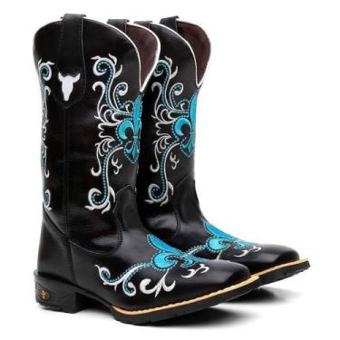 Imagem de Bota Texana Feminina Couro Country Western Orquídea Azul Bordada - Mad