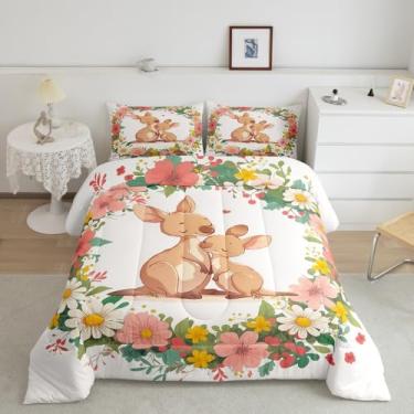 Imagem de Feelyou Jogo de cama solteiro com estampa canguru de animais selvagens fofos, decoração de quarto de meninos e meninas, edredom floral canguru, para todas as estações
