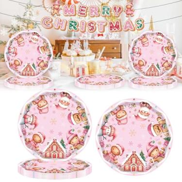 Imagem de Ncozwo 20 peças de pratos de papel descartáveis para festa de Feliz Natal com tema de Natal, pratos redondos de sobremesa de 17,8 cm para decorações de festa de inverno (tema de homem de gengibre rosa