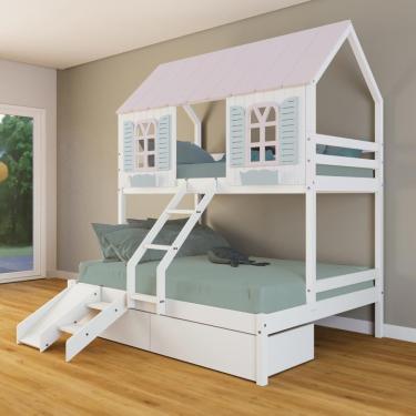 Imagem de Beliche Casal/ Solteiro Casinha Bela 02 Gavetas Kit Escada/escorregador - Madeira Maciça Branco/rosa/verde Housin