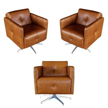 Imagem de Kit 3 Poltronas Giratória para Sala de Estar Astana Couro Marrom - Gran Belo
