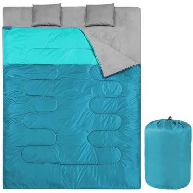 Imagem de Sacos de dormir duplos para adultos e crianças, impermeável, leve, saco de dormir para duas pessoas com travesseiro para clima frio ou quente, mochila, caminhadas, montanhismo, uso interno e externo