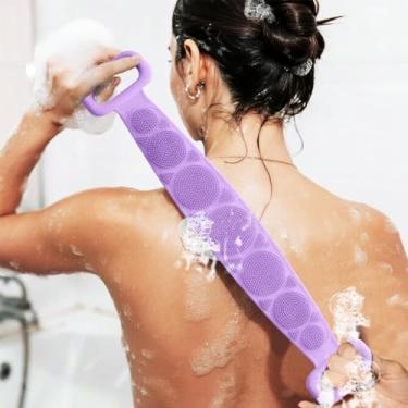 Imagem de Esfregão traseiro de silicone para chuveiro, esfoliante corporal de silicone, escova corporal de banho extralonga escova esfoliante corporal com alça (roxo, 60 cm)