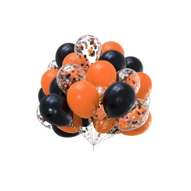 Imagem de Pacote com 30 balões de látex pretos e laranja de 30 cm com fitas para aniversário, casamento, chá de bebê, formatura, revelação de gênero de noivado, aniversário, Natal, decorações de festas de fim