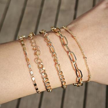 Imagem de Conjunto de 5 pulseiras douradas para mulheres, requintadas pulseiras de corrente de elos ajustáveis banhadas para mulheres, pulseira empilhável moderna para presentes de joias, One Size, Metal, Sem