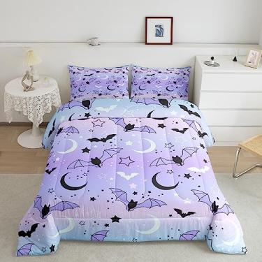 Imagem de Homewish Conjunto de edredom com estampa de morcegos, estrela e lua, para crianças, meninas, adultos, edredom colorido, gradiente, roxo e rosa, coleção de quarto, tamanho solteiro, 2 peças
