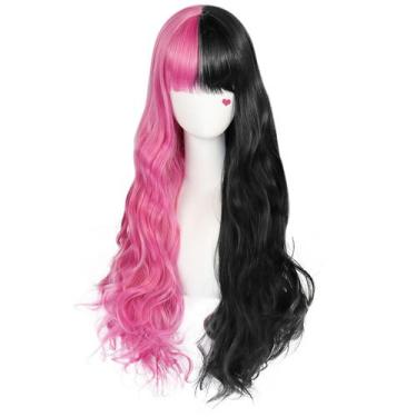Imagem de Peruca de 80 cm de comprimento ondulada com franja rosa e preta, cor d