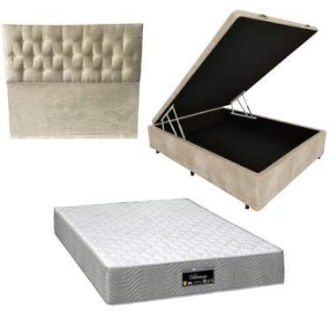 Imagem de Cama Box Baú Blindada com RivIera Molas Ensacadas 25cm de altura + Cabeceira Botonê (SUEDE BEGE, Casal)